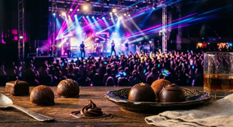 טראפלס שוקולד יוקרתיים וכוס משקה חריף על שולחן עץ מול במת הופעות, על רקע מופע מוזיקה חיה עם קהל רב ותאורת לייזרים צבעונית.